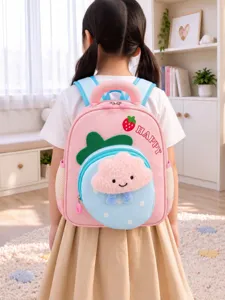Cute kids backpack for kindergarten, pink strawberry cloud design double shoulder school bag