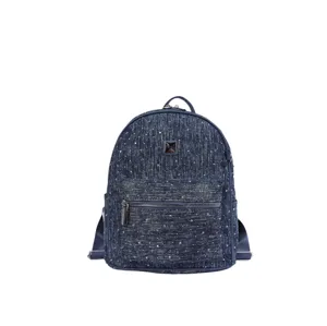 Stylish textured denim backpack for women, casual lightweight travel school bag with front pocket.