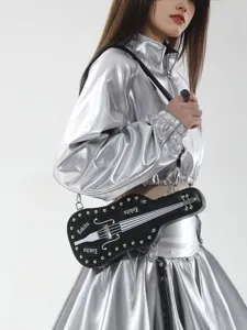 Y2K gothic guitar shaped crossbody bag with rivets punk style unique shoulder bag for women