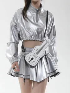 Y2K fashion guitar shaped cross-body bag with rivets, stylish white shoulder bag for women.