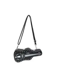 Black guitar shaped crossbody bag with cool rivets and Y2K fashion style for women.