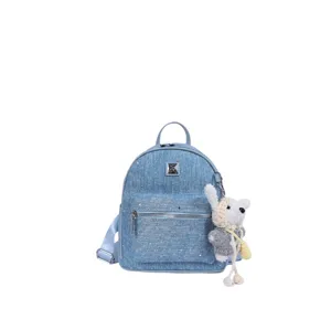 Stylish denim backpack with glitter details and cute bear pendant for casual daily use.