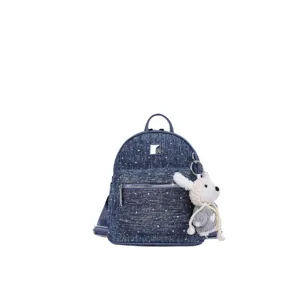Dark blue denim mini backpack with rhinestone sparkle details and cute plush pendant.