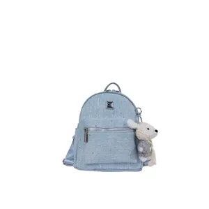 Denim mini backpack detail, sparkling glitter fabric, front zip pocket, cute plush bear charm.