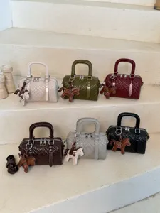 Vrouwen Geweven PU Leer Cilindrische Kussentas Retro Koreaanse Stijl Handtas Schoudertas Met Paardenhanger