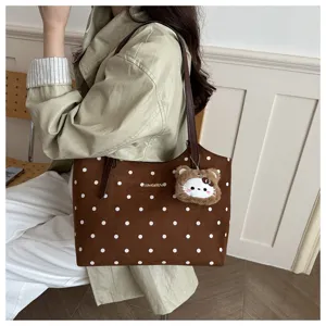 Borsa a shopper marrone a pois grande capacità borsa a spalla retrò elegante vista dettaglio