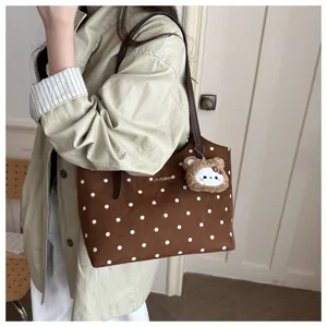 Borsa shopper donna marrone a pois grande capacità autunno retrò casual borsa a spalla con ciondolo