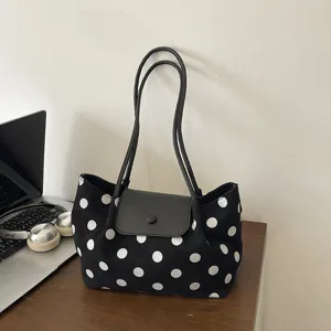Women Polka Dot Tote Bag Vintage Flocked Fabric Shoulder Bag With Flap Magnetic Buckle Urban Simple Handbag Lady Daily Carry Bag