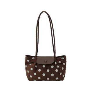 Chic brown polka dot shoulder bag for women, stylish tote bag with long straps for daily use