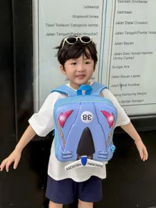 Cute cartoon racing car EVA shell kids backpack, lightweight spine-protecting school bag.