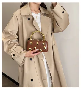 Elegant brown hard shell box bag with gold bamboo handle and chic studs for women.