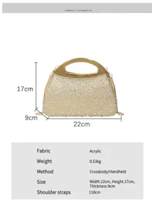 Rhinestone evening bag size and specification details, featuring metal handle and luxury crystals.