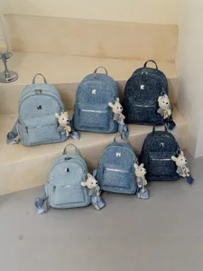 Women Denim Backpack With Bear Pendant Chic Urban Stitching Minimalist Lightweight Travel School Shoulder Bag For Youth Lady