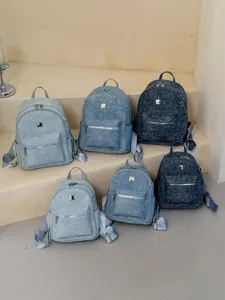Casual denim backpack stylish school travel daypack for women and teens light blue