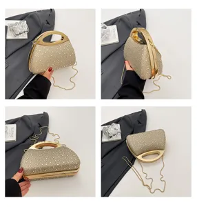 Exquisite rhinestone evening clutch bag with metal handle and chain strap for luxury party.