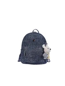 Casual denim backpack for women, stylish travel daypack with cute bear pendant and pockets.