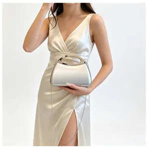 Women silver hard shell evening clutch bag stylish metal handle shoulder chain handbag detail