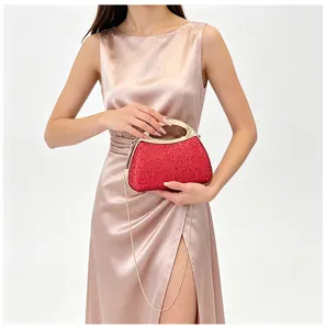 Red rhinestone evening bag with metal handle and chain strap for luxury party and wedding.