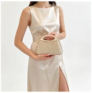 Rhinestone evening bag with metal handle and chain strap for wedding party dress accessorizing.