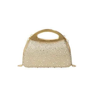 Sparkling rhinestone evening bag featuring a metal top handle and sleek chain strap for banquets.