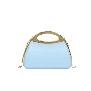 Close-up of light blue hard shell evening bag with metallic gold handle and stylish chain strap.