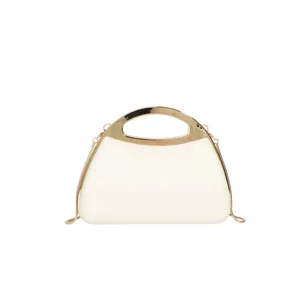 Close up view of the elegant off-white hard shell evening bag with luxury gold metal handle.