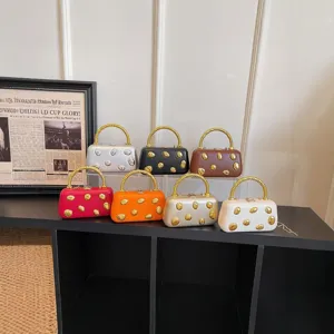 Luxury Women Metal Handle Evening Bag PU Leather Hard Case Box Clutch Banquet Party Chain Crossbody Phone Bag Minimalist Vintage Handbag