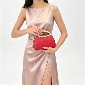 Red rhinestone evening clutch bag with metal handle and chain strap for women banquets