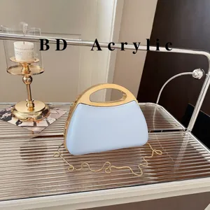 Blue acrylic evening bag with metal chain top handle hard shell clutch purse for women