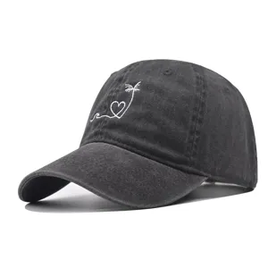 Washed Cotton Baseball Cap Embroidered Coconut Tree Heart Outdoor Sun Protection Dad Hat Casual Adjustable Cap