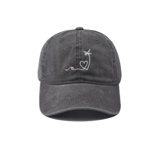 Washed Cotton Baseball Cap with Heart and Palm Tree Embroidery for Unisex Outdoor Wear
