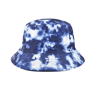 Vue détaillée chapeau bob tie and dye bleu blanc femme homme protection solaire mode