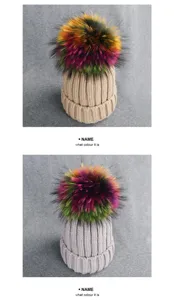 Detail view of children's winter knitted beanies featuring vibrant colorful fur pom-poms.