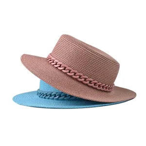 Klassischer Damen Strohhut mit grober Kettendetail, stilvoller Sommer Strandhut für Outdoor.