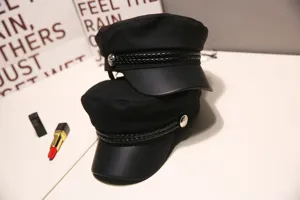 Black octagonal hat PU leather brim British retro navy cap women spring summer chic hat