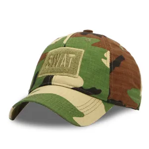 Detail view of camouflage tactical baseball hat with SWAT embroidered patch and curved brim.