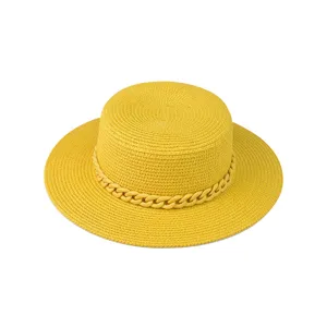 Gelber Strohhut mit Kettendetail, flacher Krempe Sonnenhut Damen Sommer Strand Outdoor.