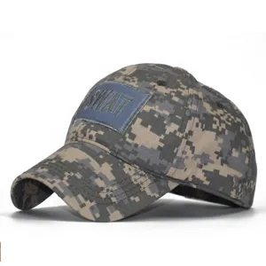 Tactical digital camo baseball cap detail shot featuring SWAT patch and curved brim design.