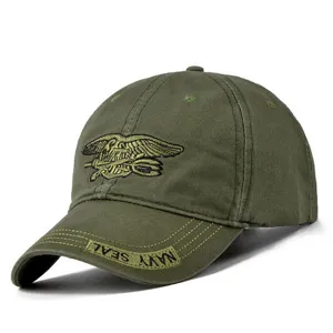 Detailed view of army green baseball cap with embroidered logo and brim text for outdoor use.