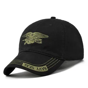Black cotton baseball cap with Navy SEAL embroidery, tactical military style outdoor hat for men.