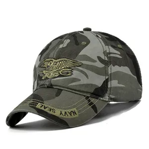 Retro camouflage baseball cap with embroidered military tactical logo for outdoor sun protection.