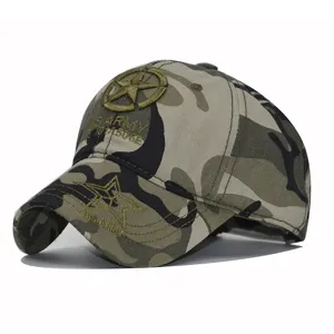 Close-up detail of camouflage baseball cap with embroidered star and army text design.