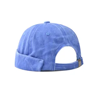 Blue washed denim docker cap for men, trendy street style roll brim miki hat with metal buckle.