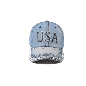 Casquette de baseball en denim bleu avec lettres USA en strass et visière cloutée pour loisirs.