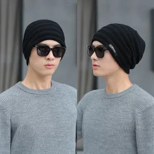 Bonnet en tricot d'hiver noir pour hommes et femmes, bonnet chaud doublé polaire.