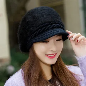 Women winter warm knitted hat solid color rabbit hair duckbill cap casual stylish black hat