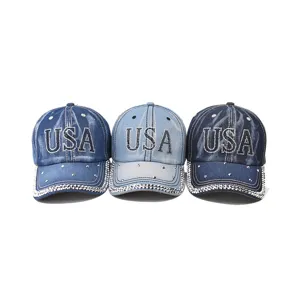 Casquette de baseball en jean strass USA, chapeau de soleil extérieur tendance réglable.