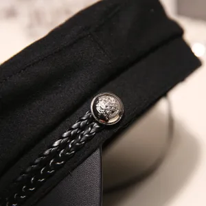 Black baker boy hat for women, vintage newsboy cap with braided leather strap and metal button.