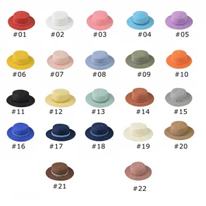Damen 22-Farben Ketten Strohhut Sommer Strand Sonnenhut Flache Krempe Sonnenschutz
