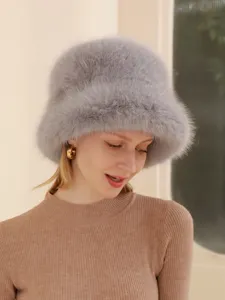 Winter warm fluffy plush fur bucket hat for women soft cozy faux fox fur outdoor cap.